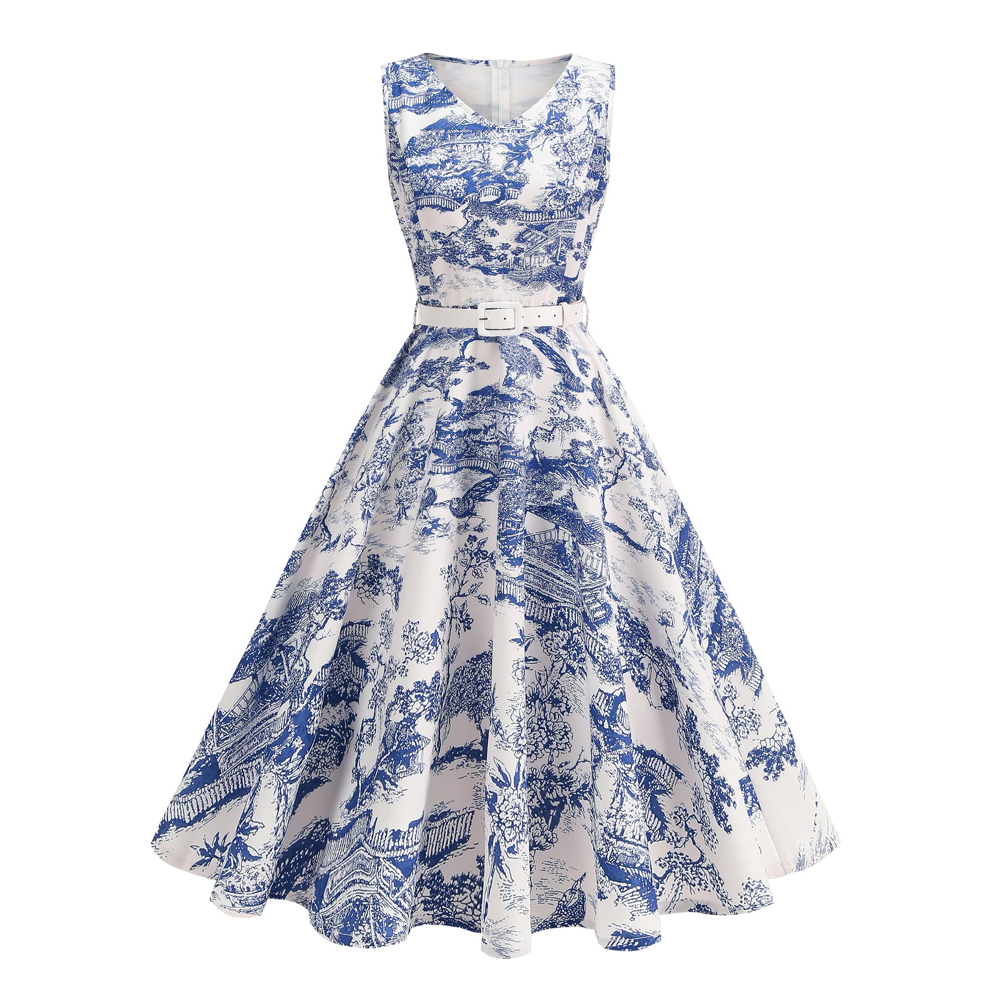 Women's Vintage Sleeveless Belted Fit & Flare Midi Dress