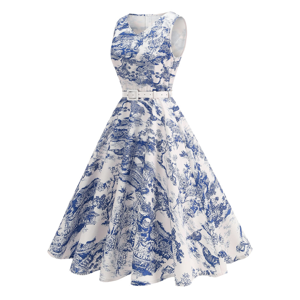 Women's Vintage Sleeveless Belted Fit & Flare Midi Dress
