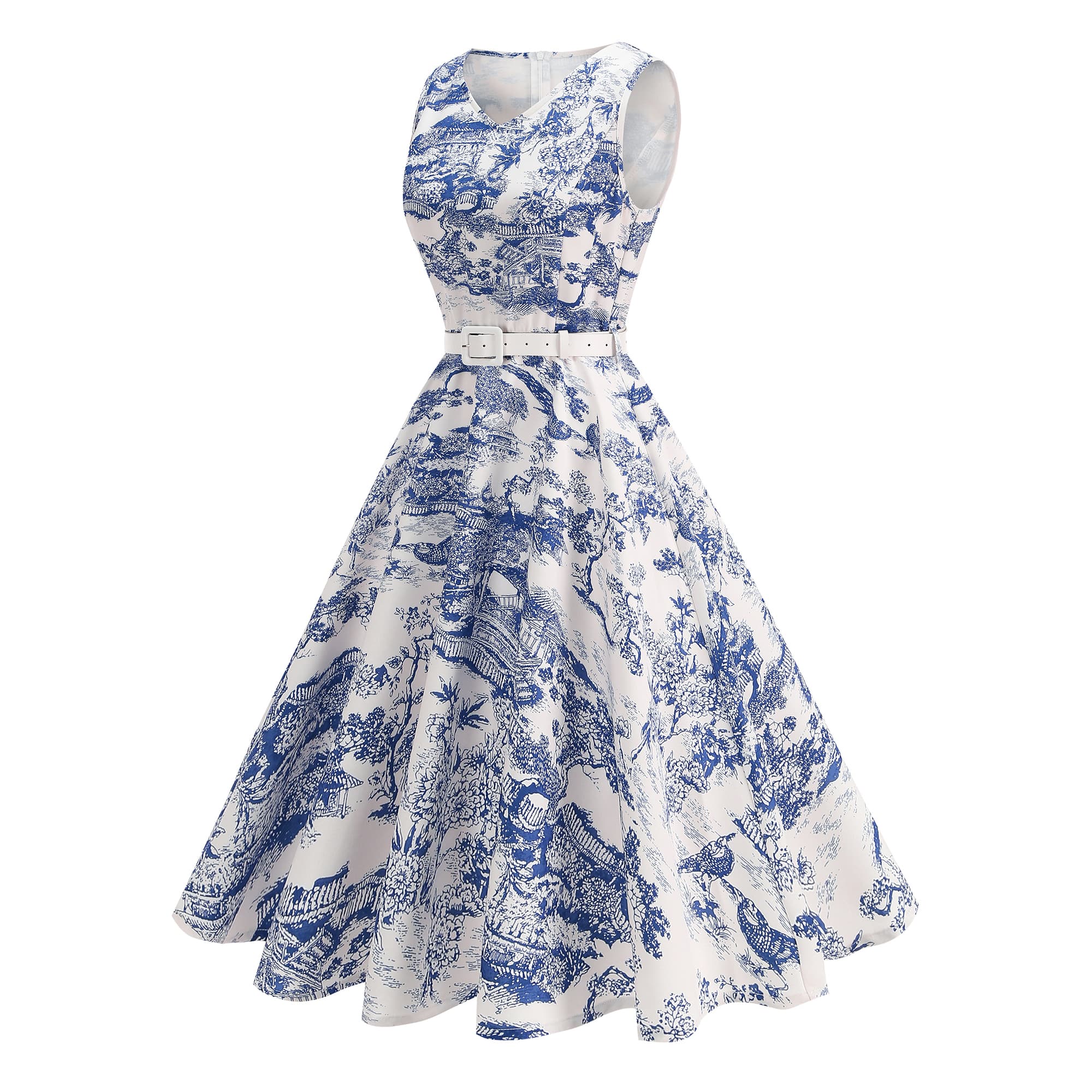 Women's Vintage Sleeveless Belted Fit & Flare Midi Dress