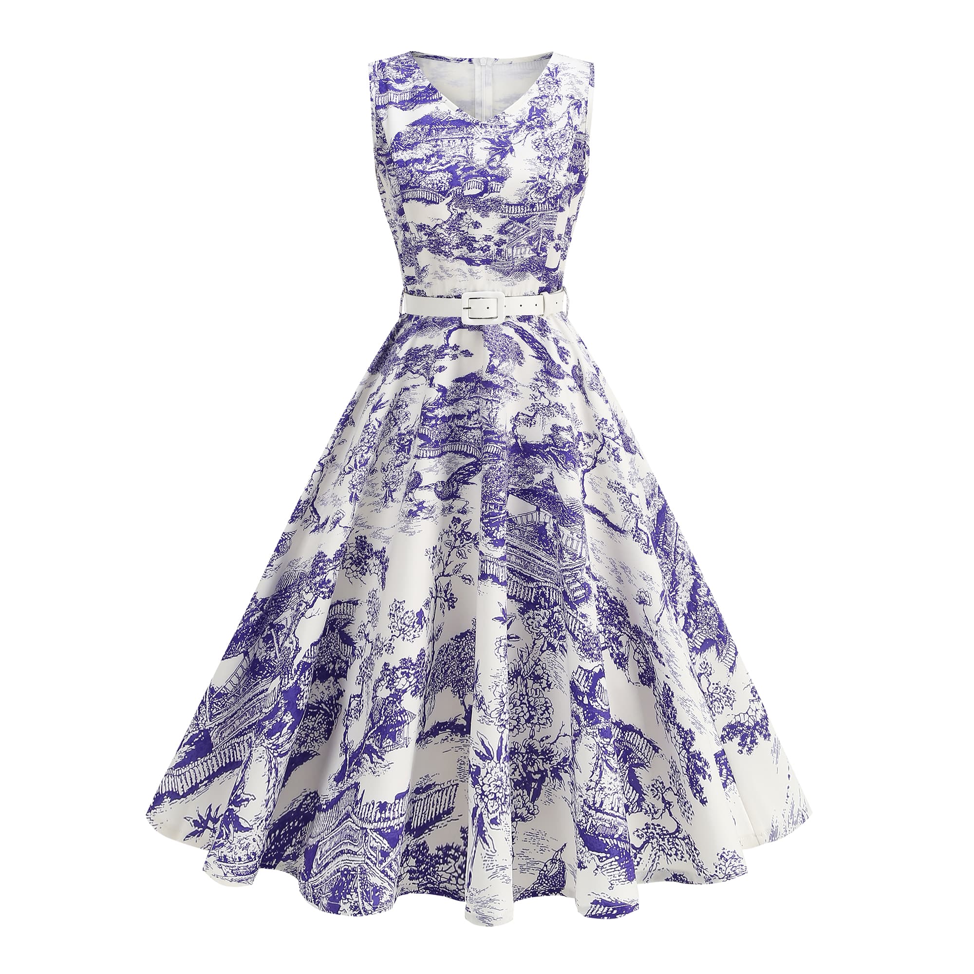 Women's Vintage Sleeveless Belted Fit & Flare Midi Dress