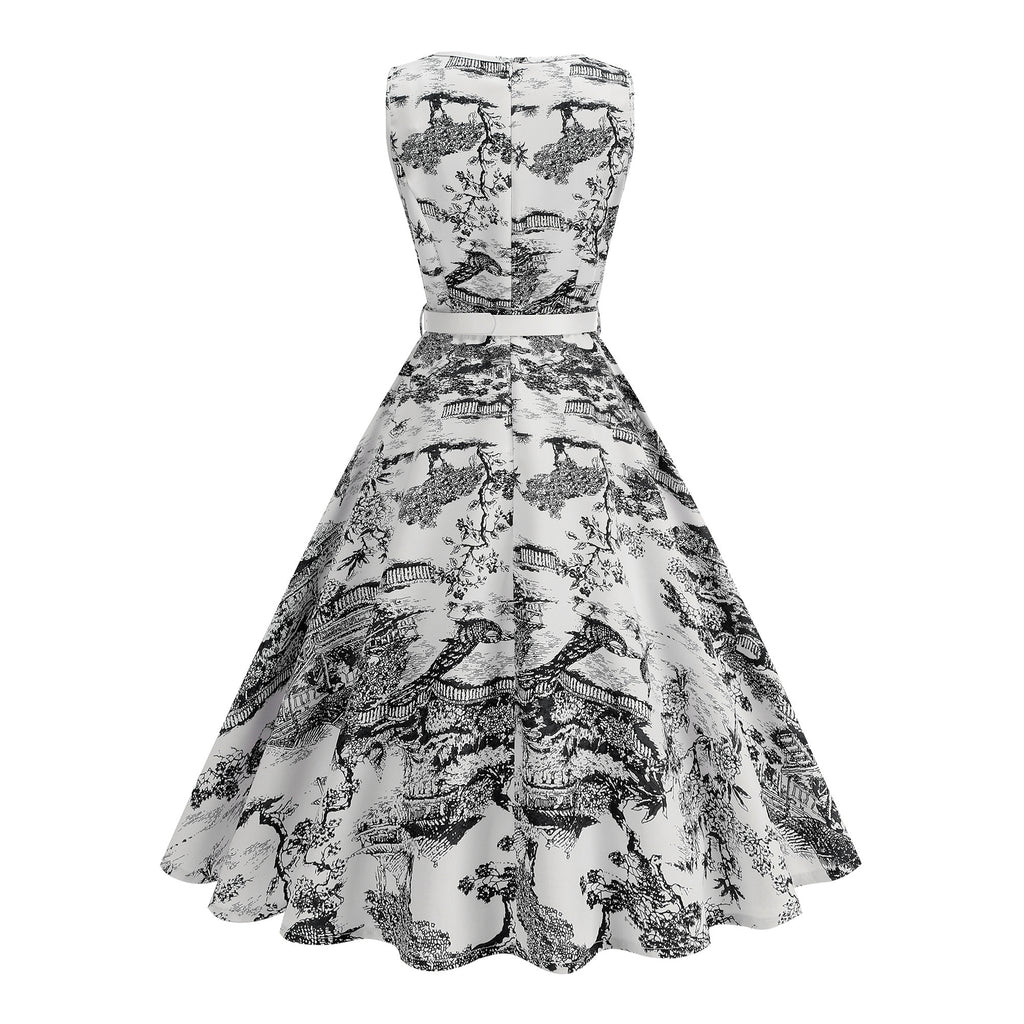 Women's Vintage Sleeveless Belted Fit & Flare Midi Dress