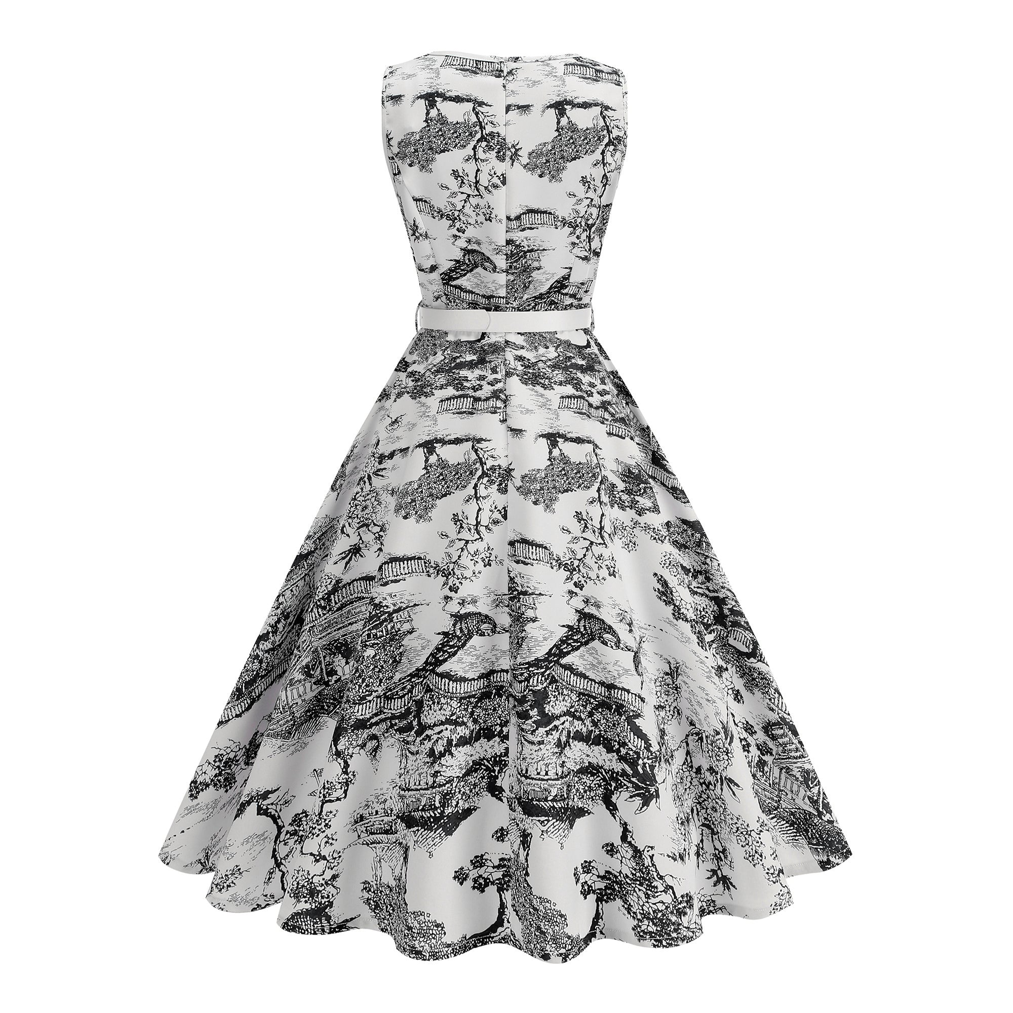Women's Vintage Sleeveless Belted Fit & Flare Midi Dress