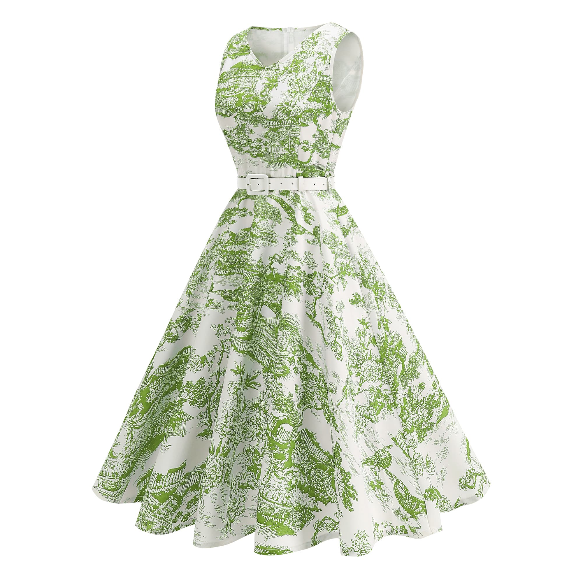 Women's Vintage Sleeveless Belted Fit & Flare Midi Dress