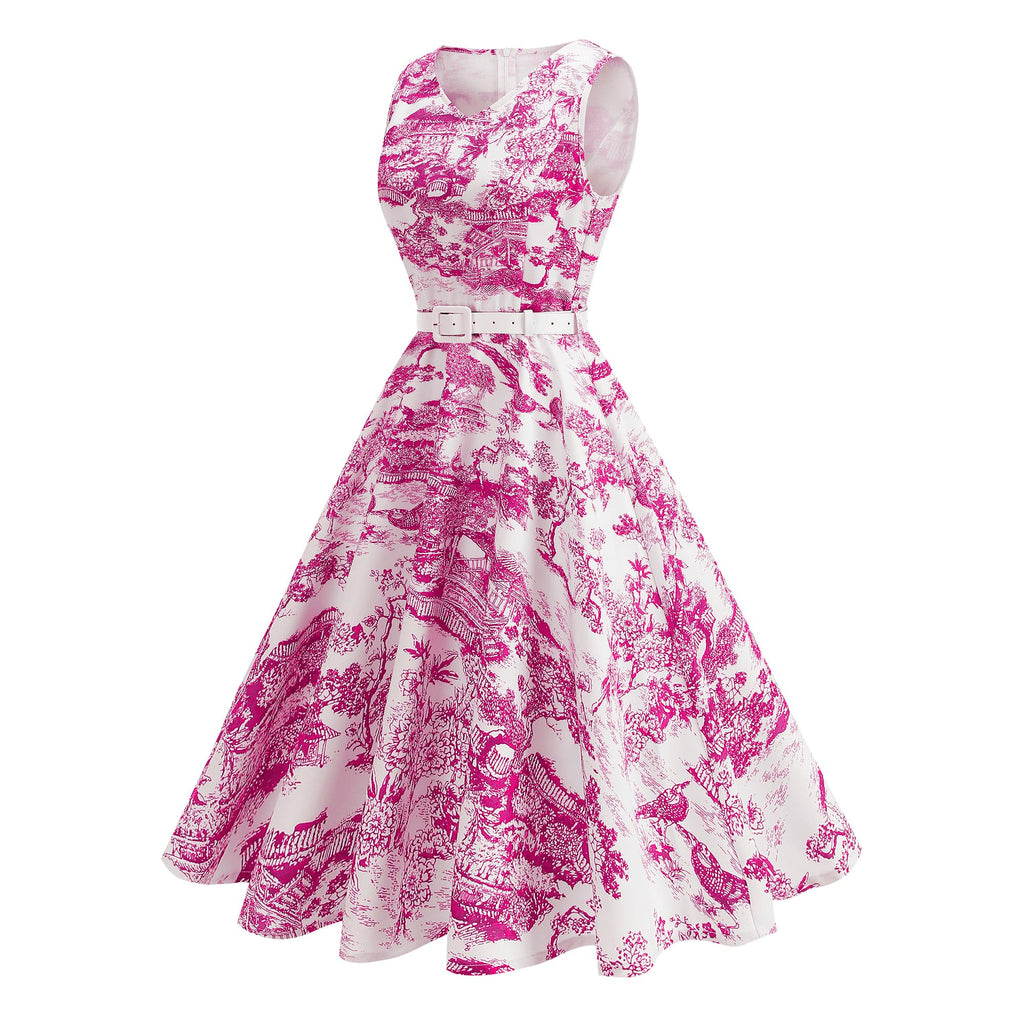 Women's Vintage Sleeveless Belted Fit & Flare Midi Dress