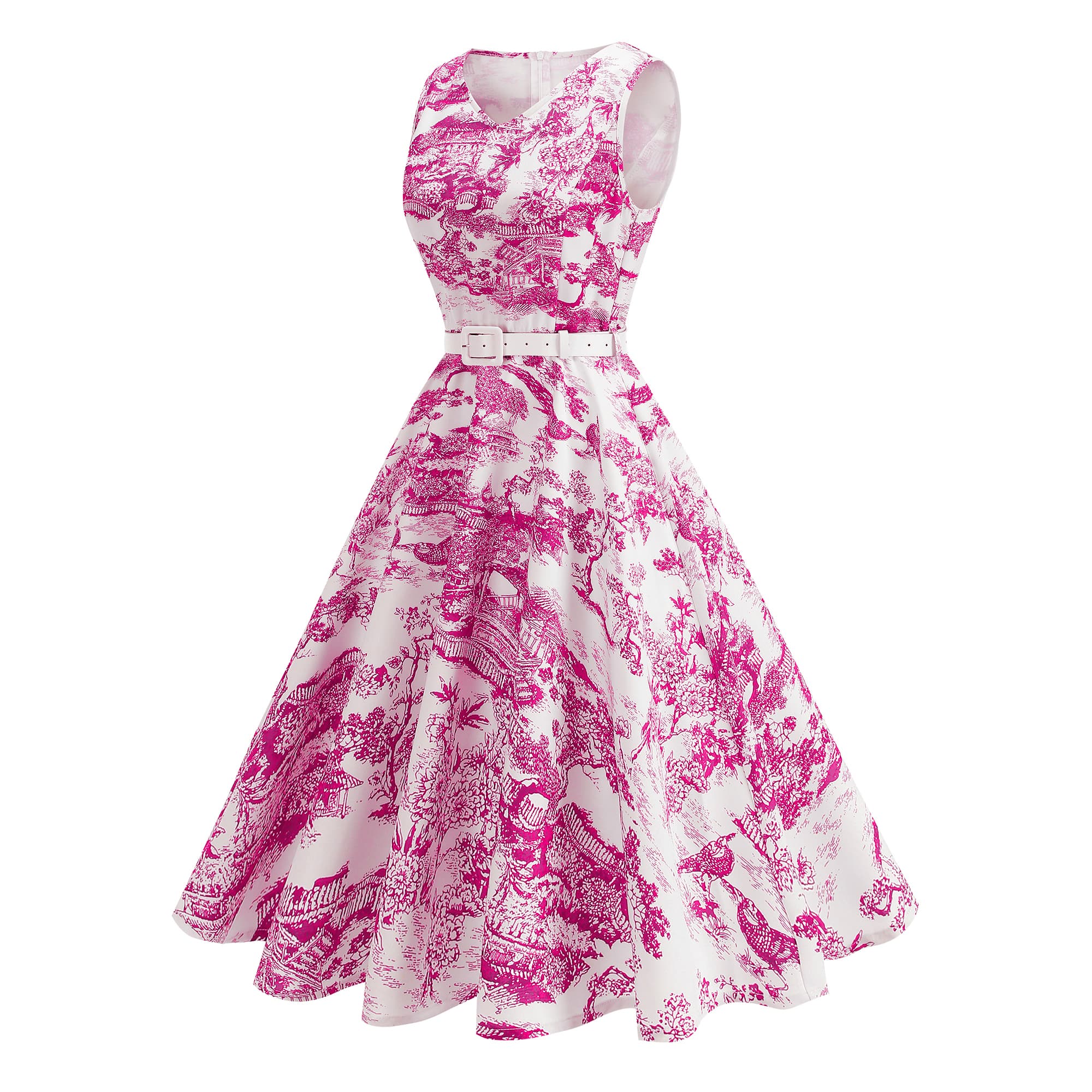 Women's Vintage Sleeveless Belted Fit & Flare Midi Dress