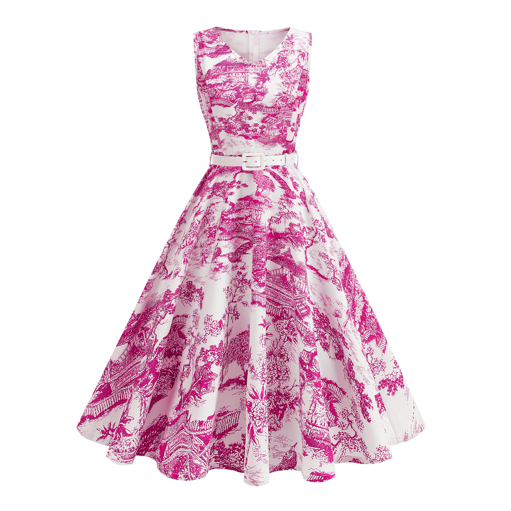 Women's Vintage Sleeveless Belted Fit & Flare Midi Dress