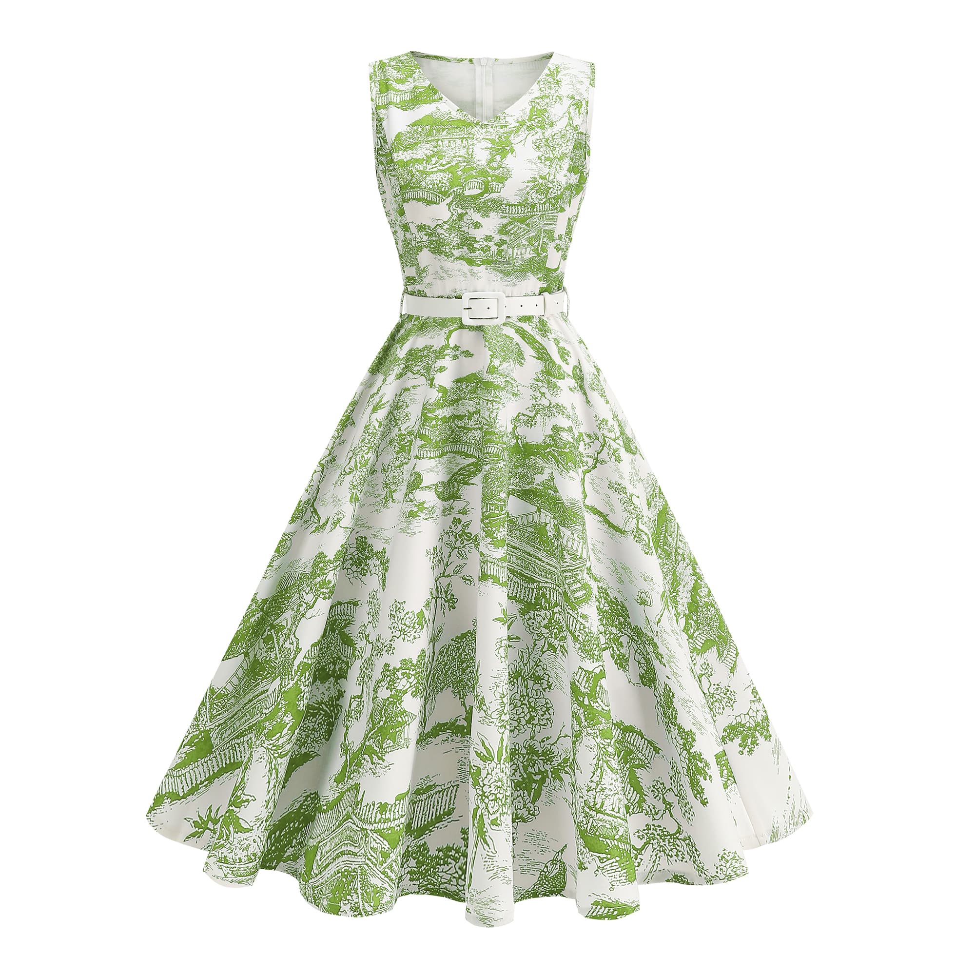 Women's Vintage Sleeveless Belted Fit & Flare Midi Dress