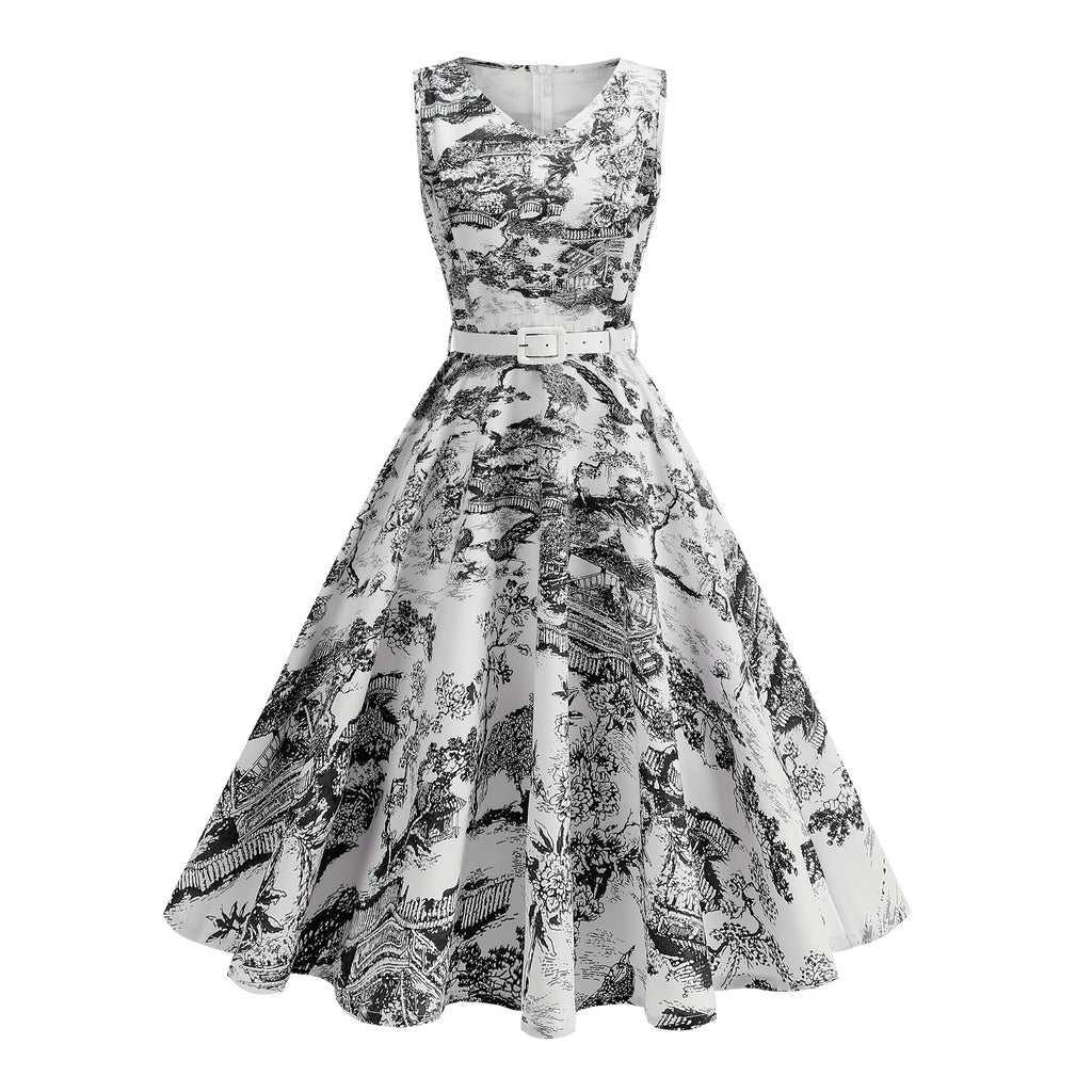 Women's Vintage Sleeveless Belted Fit & Flare Midi Dress