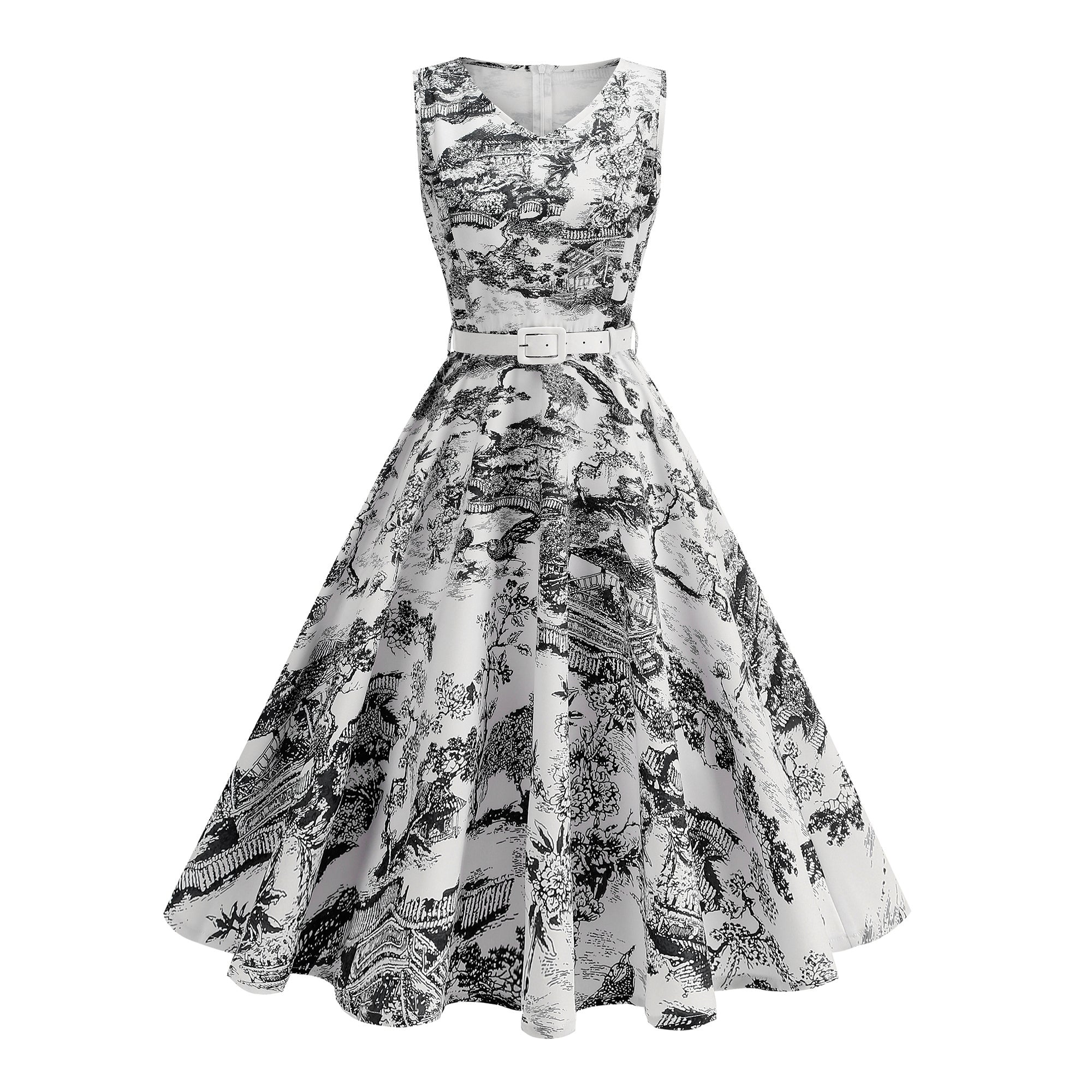Women's Vintage Sleeveless Belted Fit & Flare Midi Dress