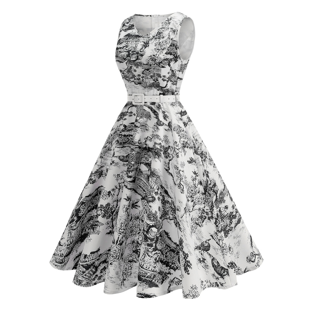 Women's Vintage Sleeveless Belted Fit & Flare Midi Dress