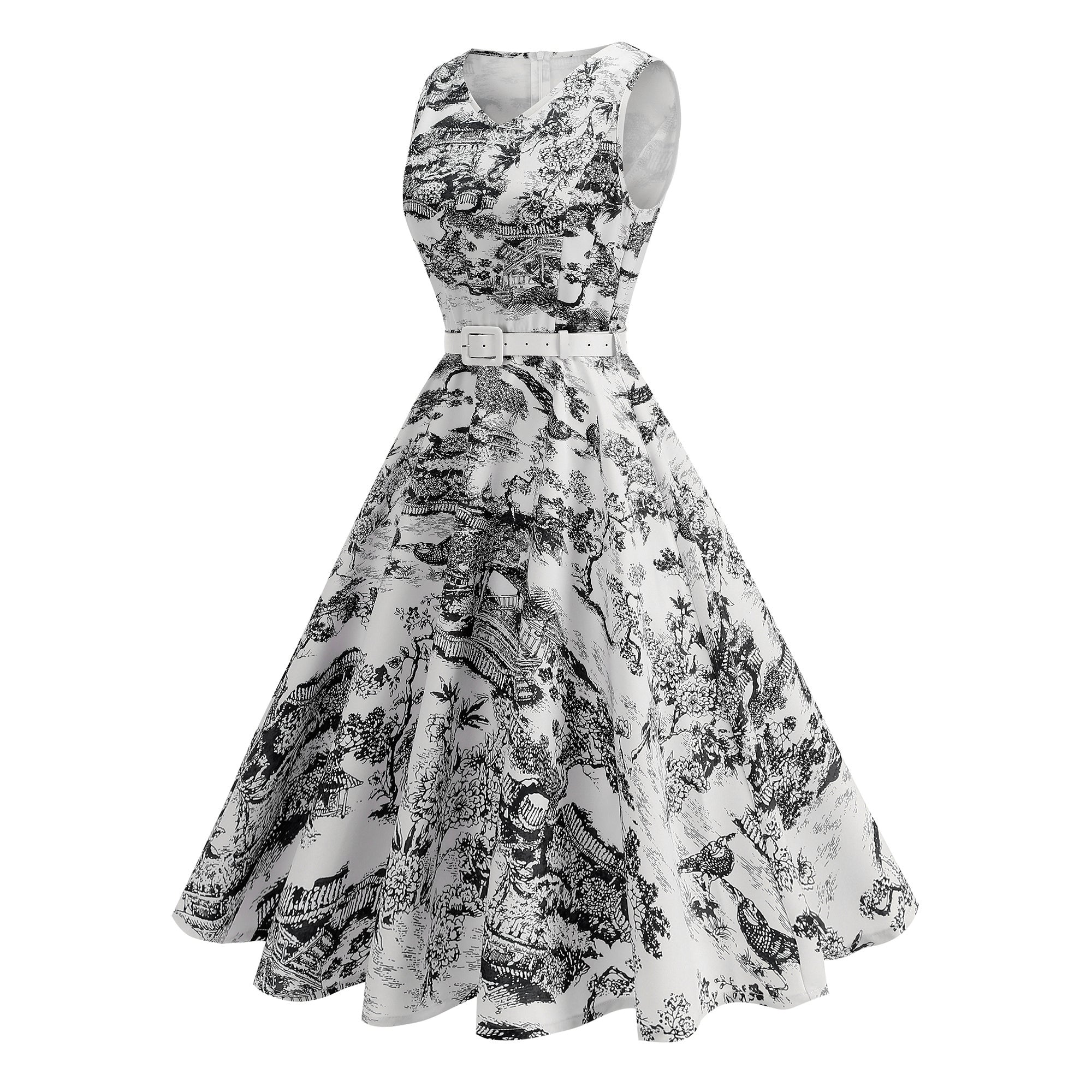 Women's Vintage Sleeveless Belted Fit & Flare Midi Dress