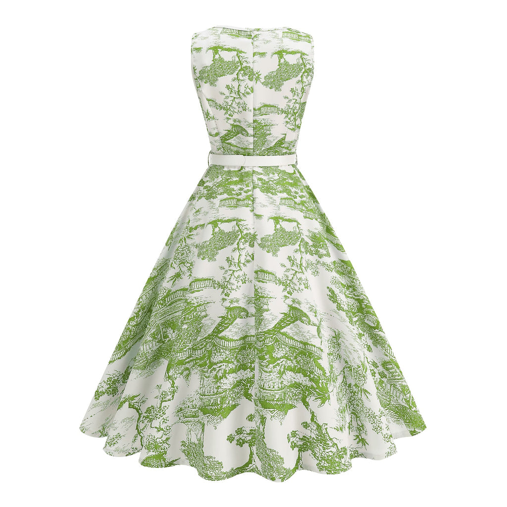 Women's Vintage Sleeveless Belted Fit & Flare Midi Dress