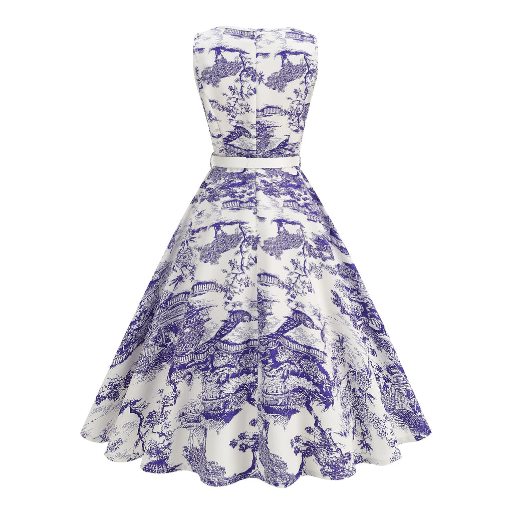 Women's Vintage Sleeveless Belted Fit & Flare Midi Dress