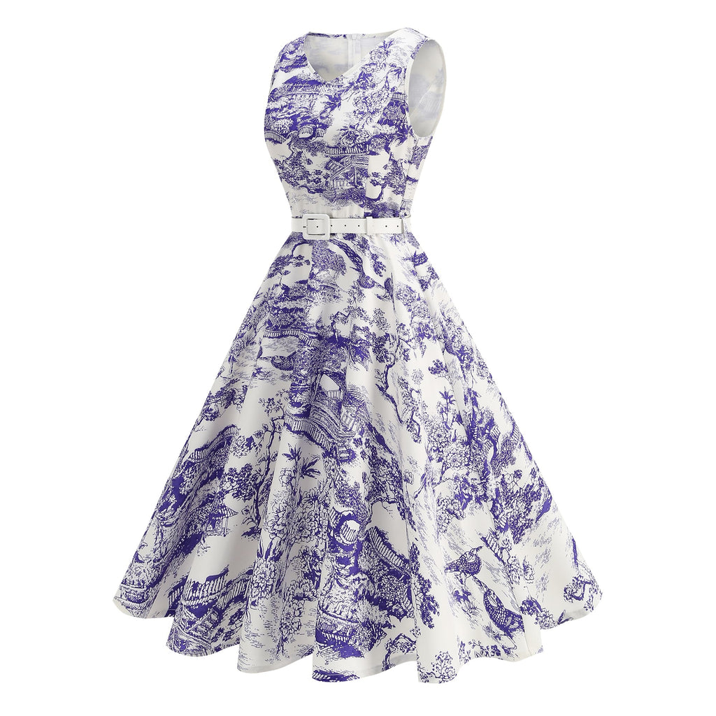 Women's Vintage Sleeveless Belted Fit & Flare Midi Dress