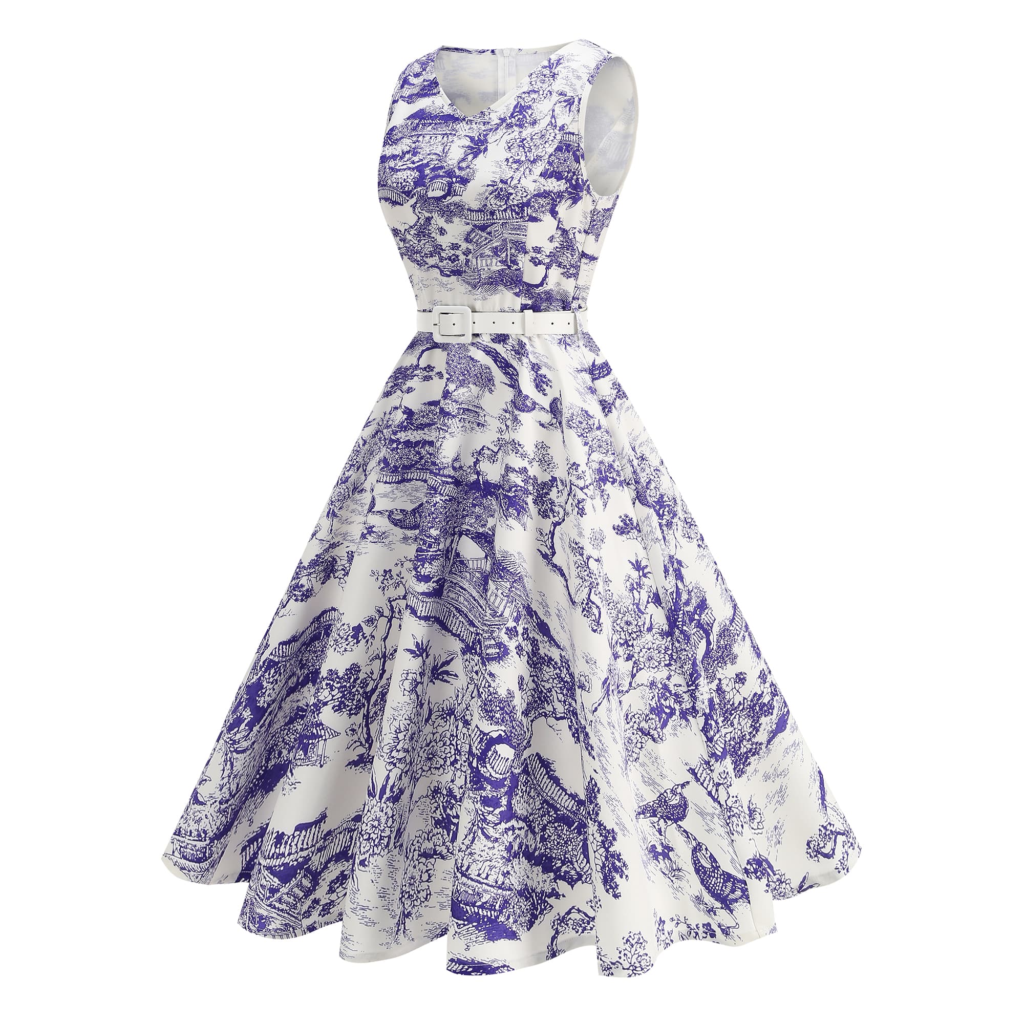 Women's Vintage Sleeveless Belted Fit & Flare Midi Dress